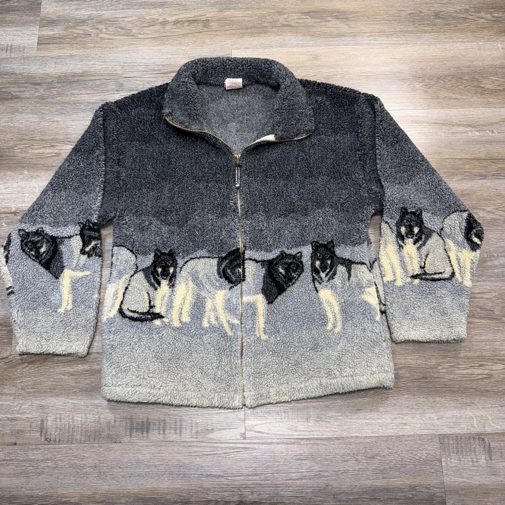 VTG Northern Lifestyles Fleece Jacket Mens L Wolf Pack Themed Full-Zip Canada